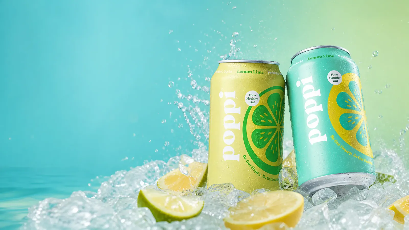 Two chilled Poppi Lemon Lime cans on clear ice with citrus slices and a refreshing splash against a bright aqua background.