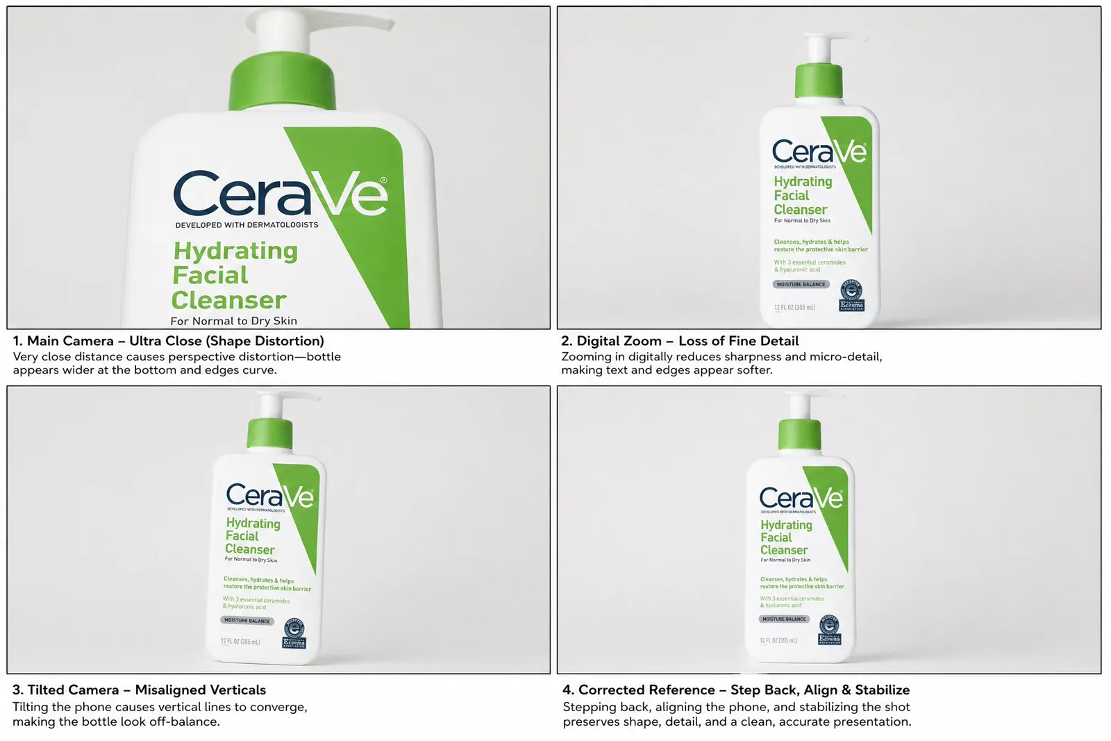 A CeraVe iPhone product-photo diagnosis comparing distance, camera view, tilt, digital zoom, and stabilization choices