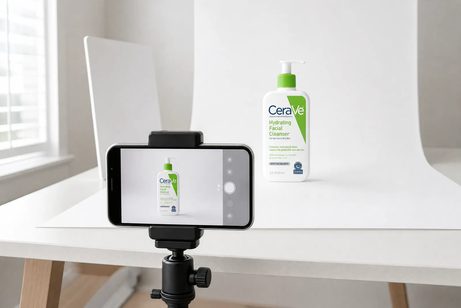 An iPhone on a stable support with its screen toward the operator and rear cameras aimed at a CeraVe cleanser in soft controlled light