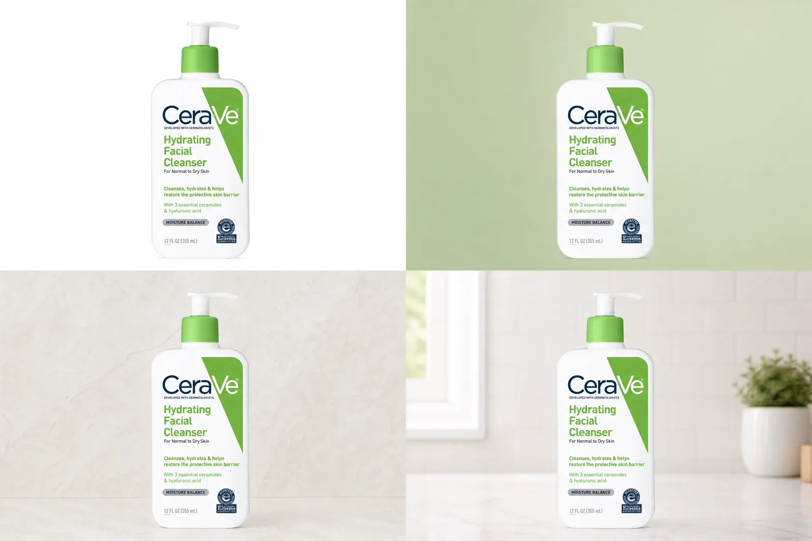One CeraVe cleanser compared on white, brand-color, textured and contextual backgrounds