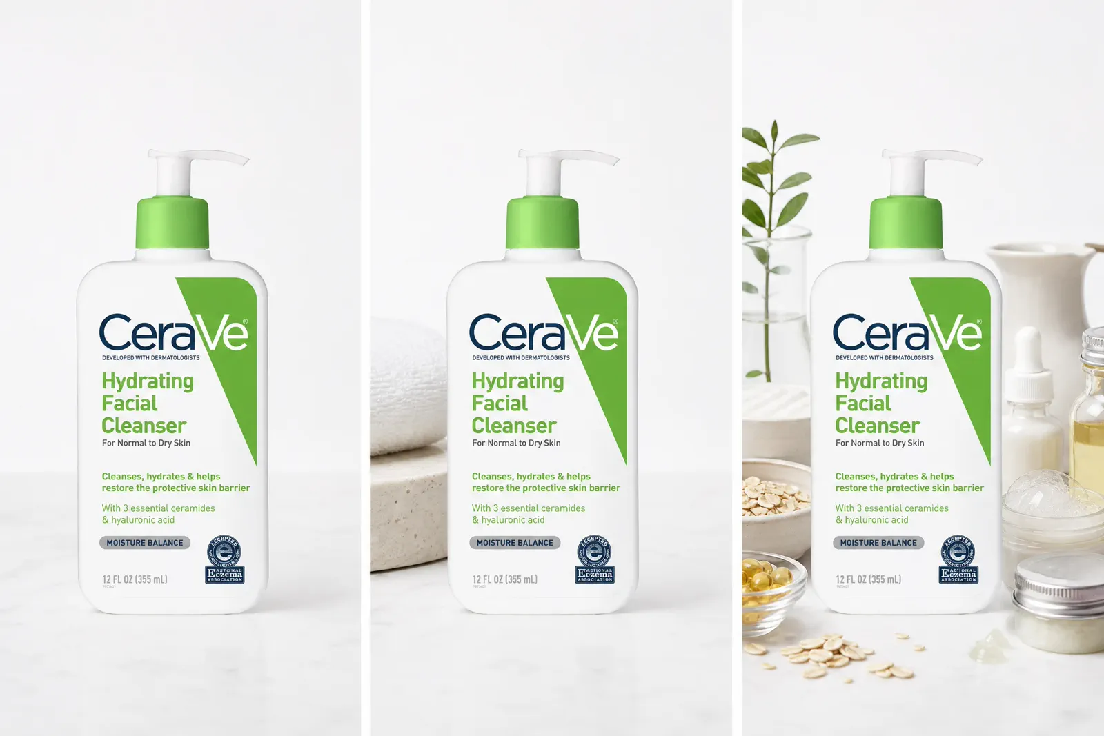 One CeraVe cleanser shown alone, with a purposeful prop and with distracting props