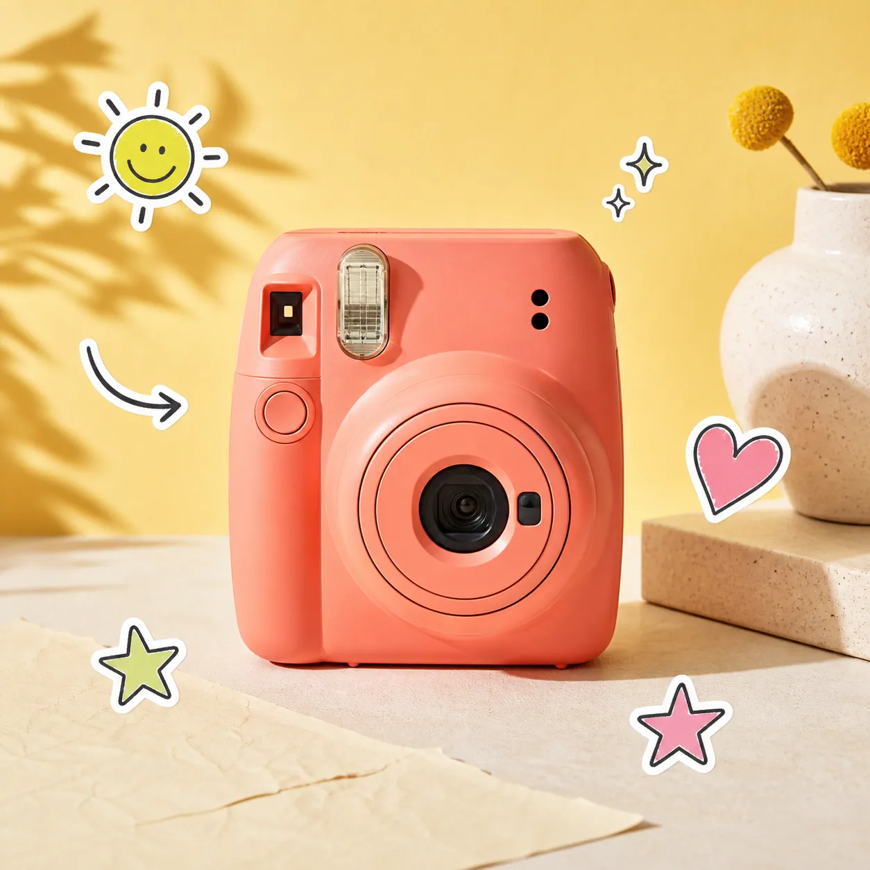 Coral instant camera surrounded by cheerful sun, heart, star, and arrow stickers