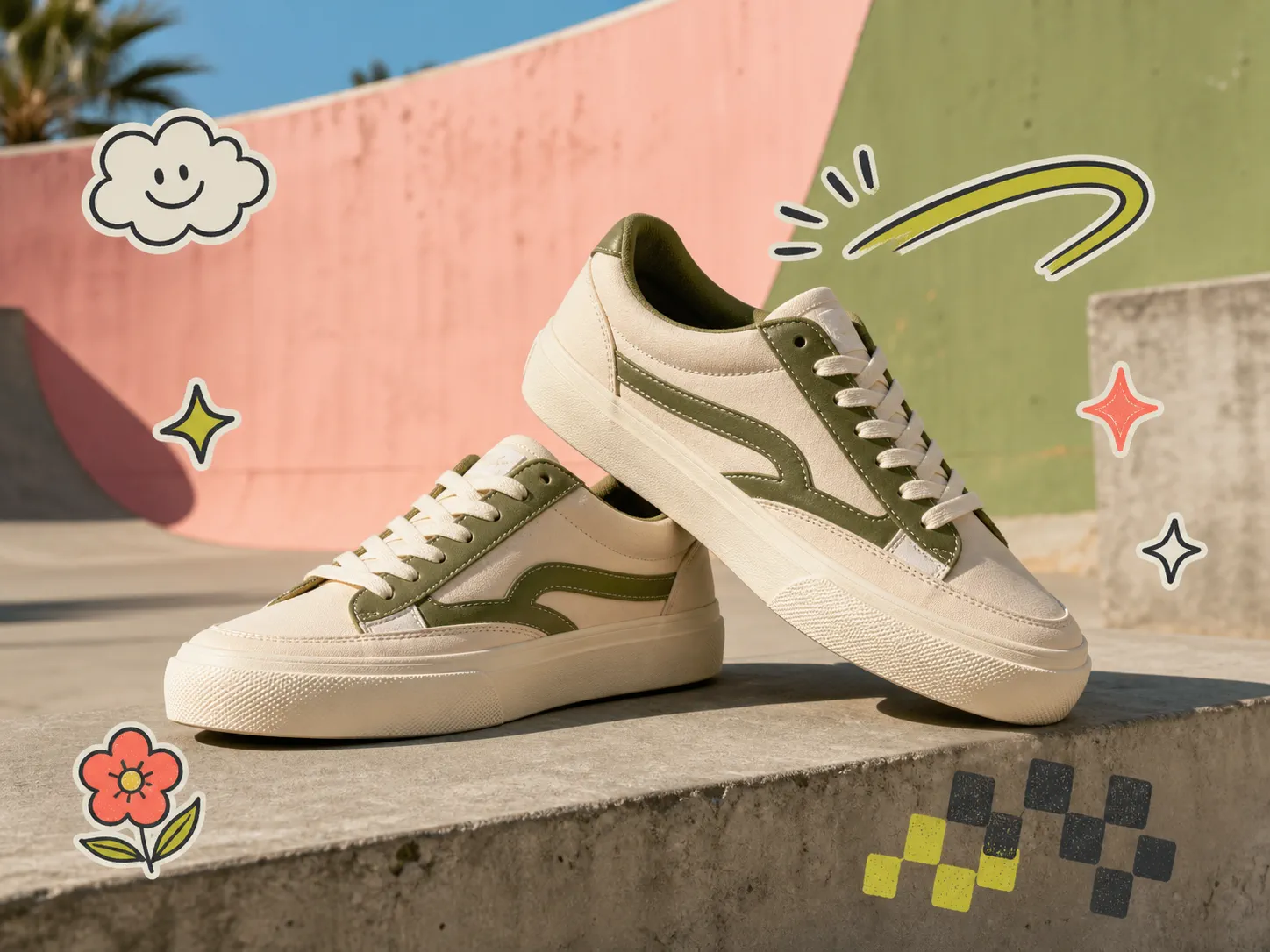 Cream and olive sneakers with playful flower, cloud, sparkle, and checker stickers