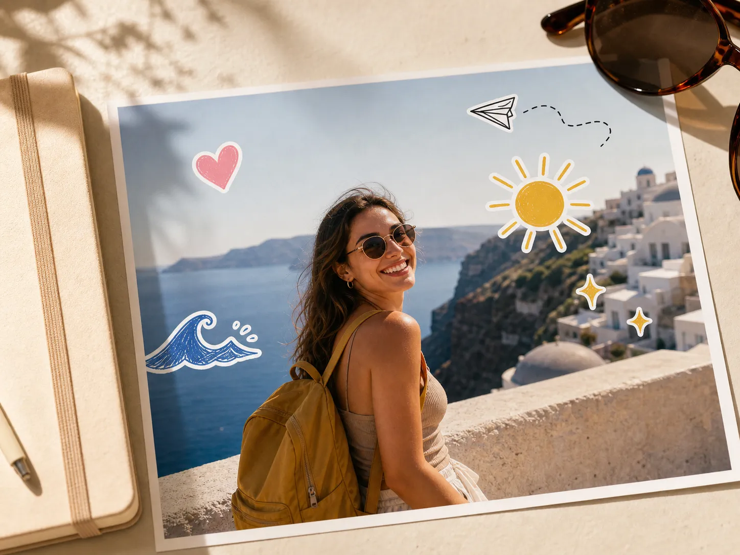 Sunny seaside travel photo decorated with heart, sun, wave, sparkle, and paper-plane stickers