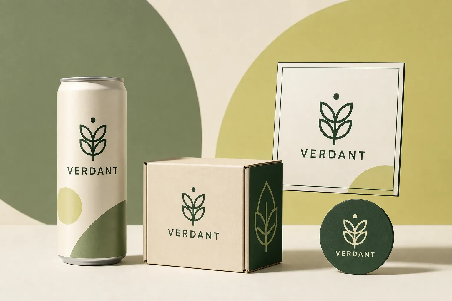Verdant Logo 一致应用在饮料罐、快递盒、店铺标牌和社交头像上