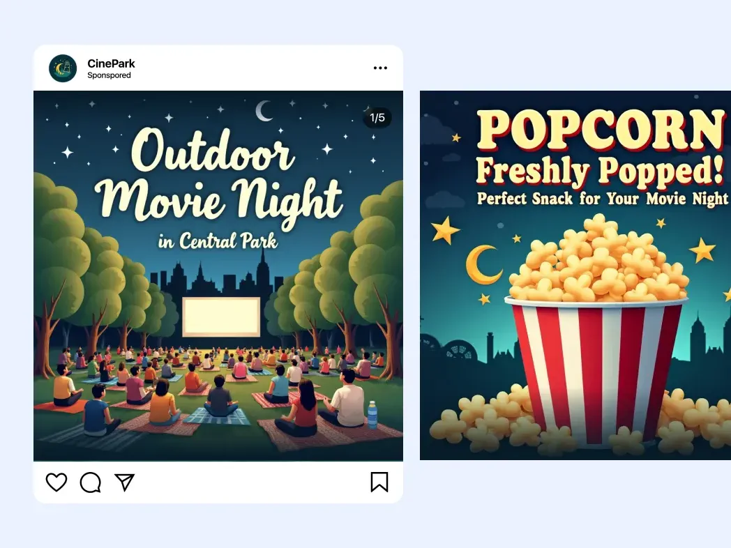 Outdoor movie night and popcorn poster concepts shown in social campaign formats