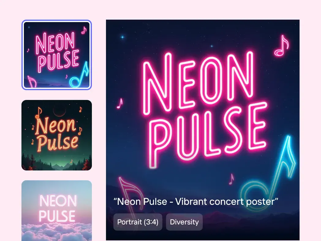 Three neon music poster directions centered on the words Neon Pulse
