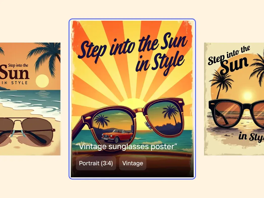 Three vintage sunglasses poster directions with a warm sunset palette