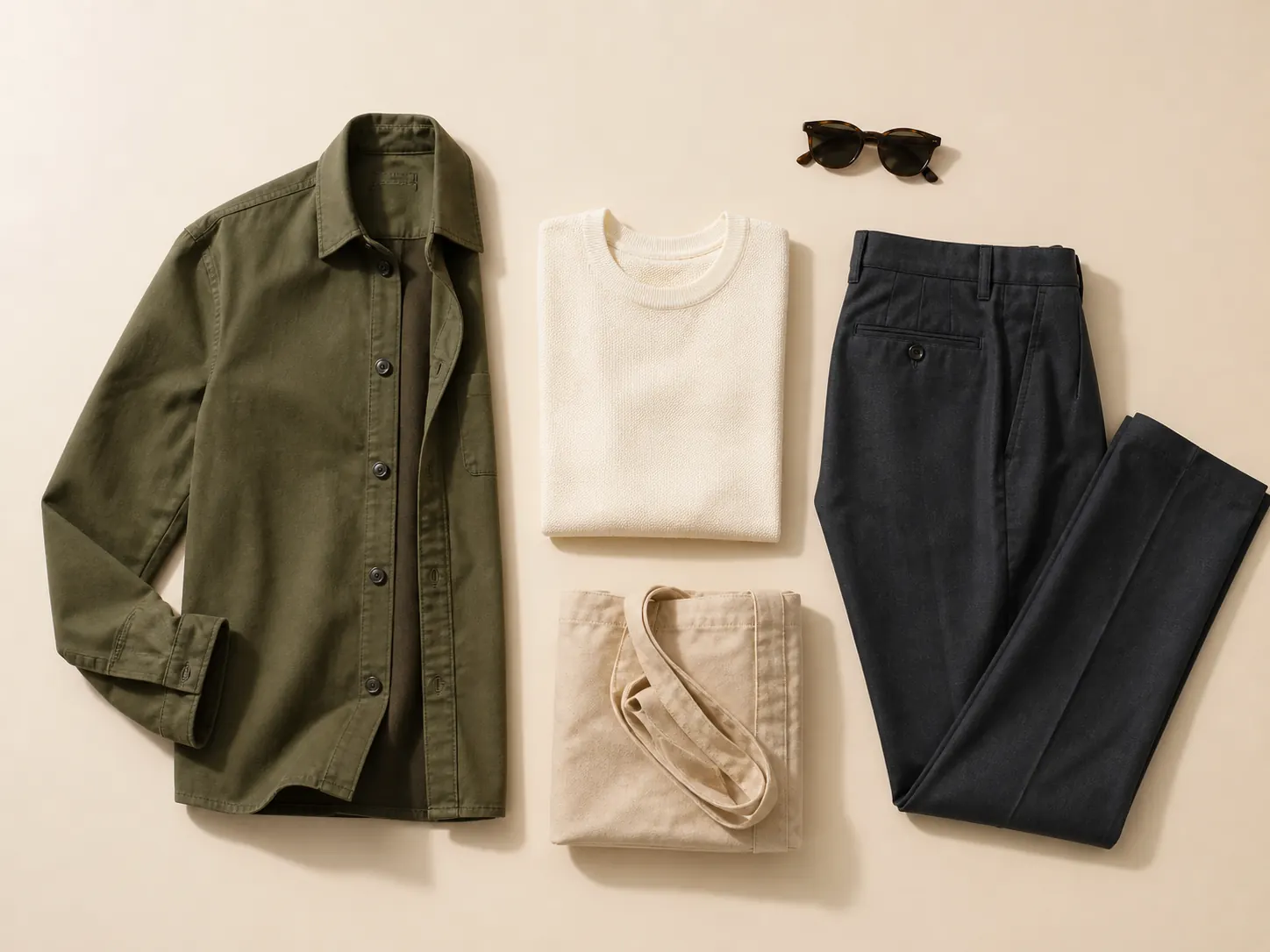 Olive overshirt, cream knit top, charcoal trousers, sunglasses, and a canvas tote arranged as a warm neutral flat lay.