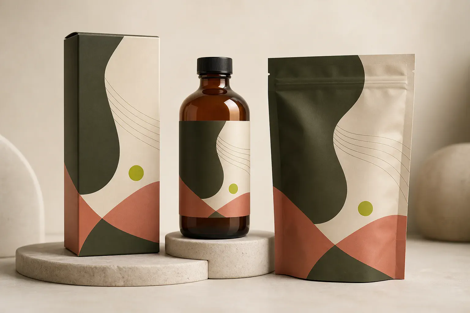 Coordinated abstract packaging design applied to a carton box, amber bottle, and stand-up pouch in a realistic 3D studio scene.