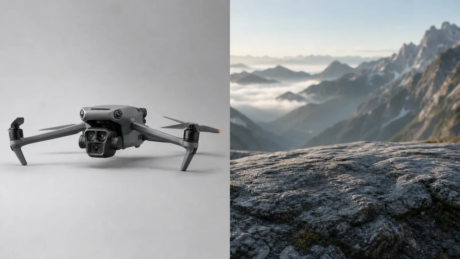 DJI Mavic 3 Pro source photo paired with an empty alpine background plate for the requested store image.