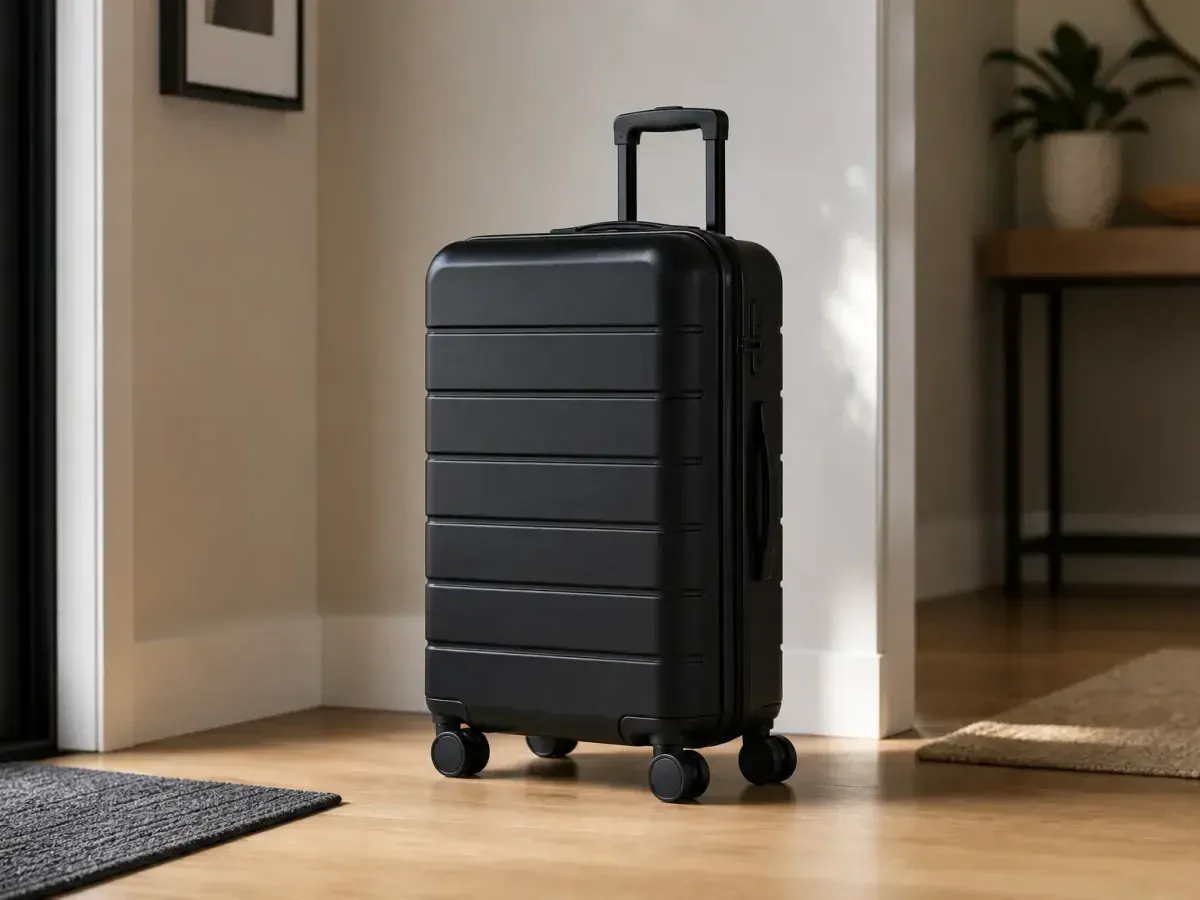 A hard-shell carry-on presented in a stable product-video hero frame.