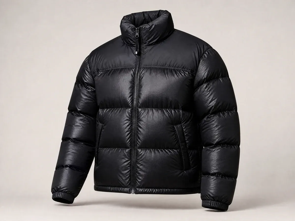 A black puffer jacket clearly separated from a warm neutral background.