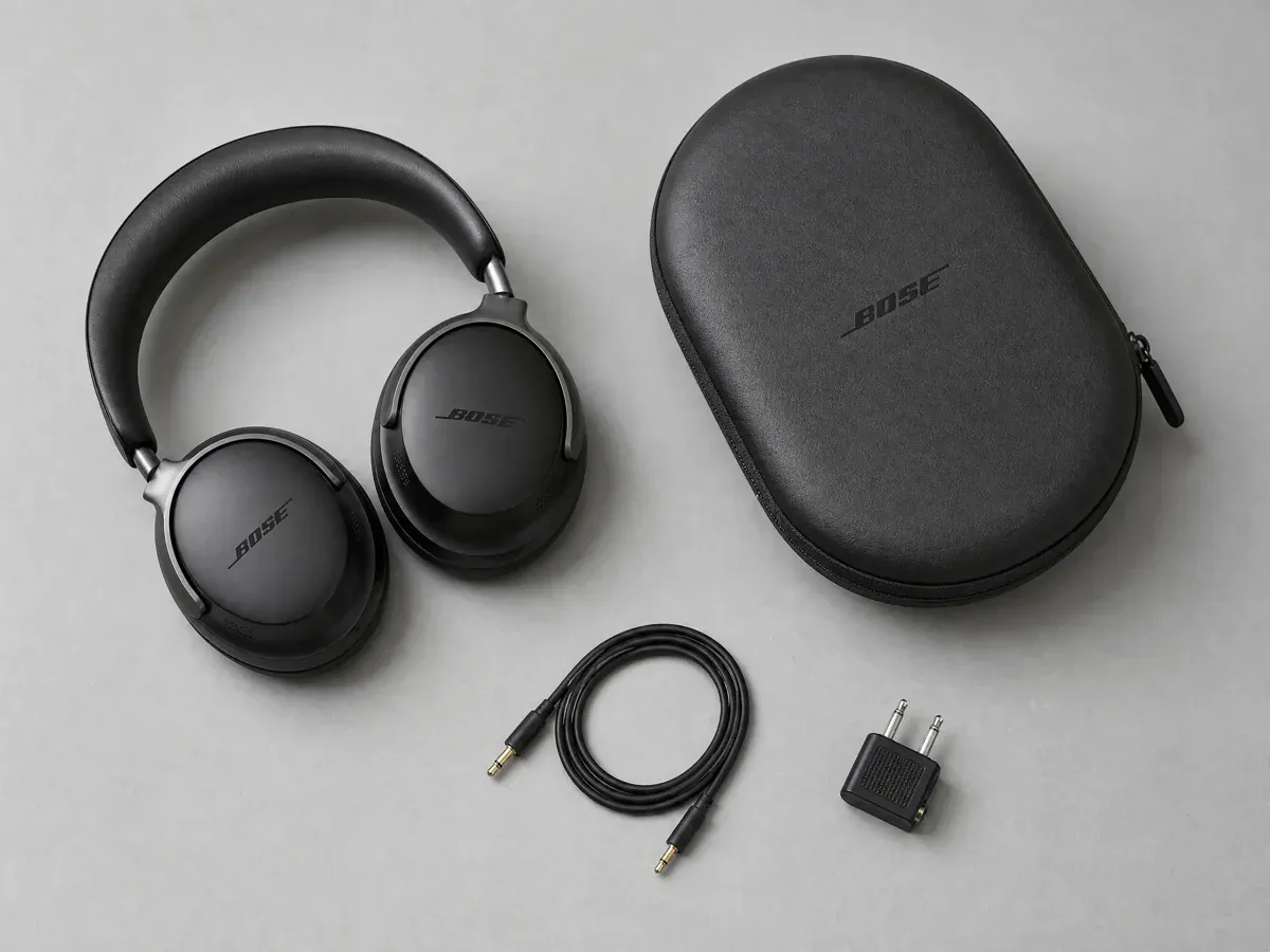 Black over-ear headphones and accessories arranged in a balanced flat lay.