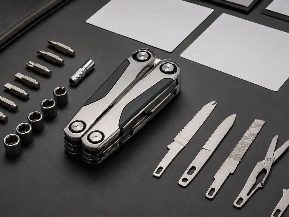 A multitool and its parts arranged as a clear product-video shot plan.