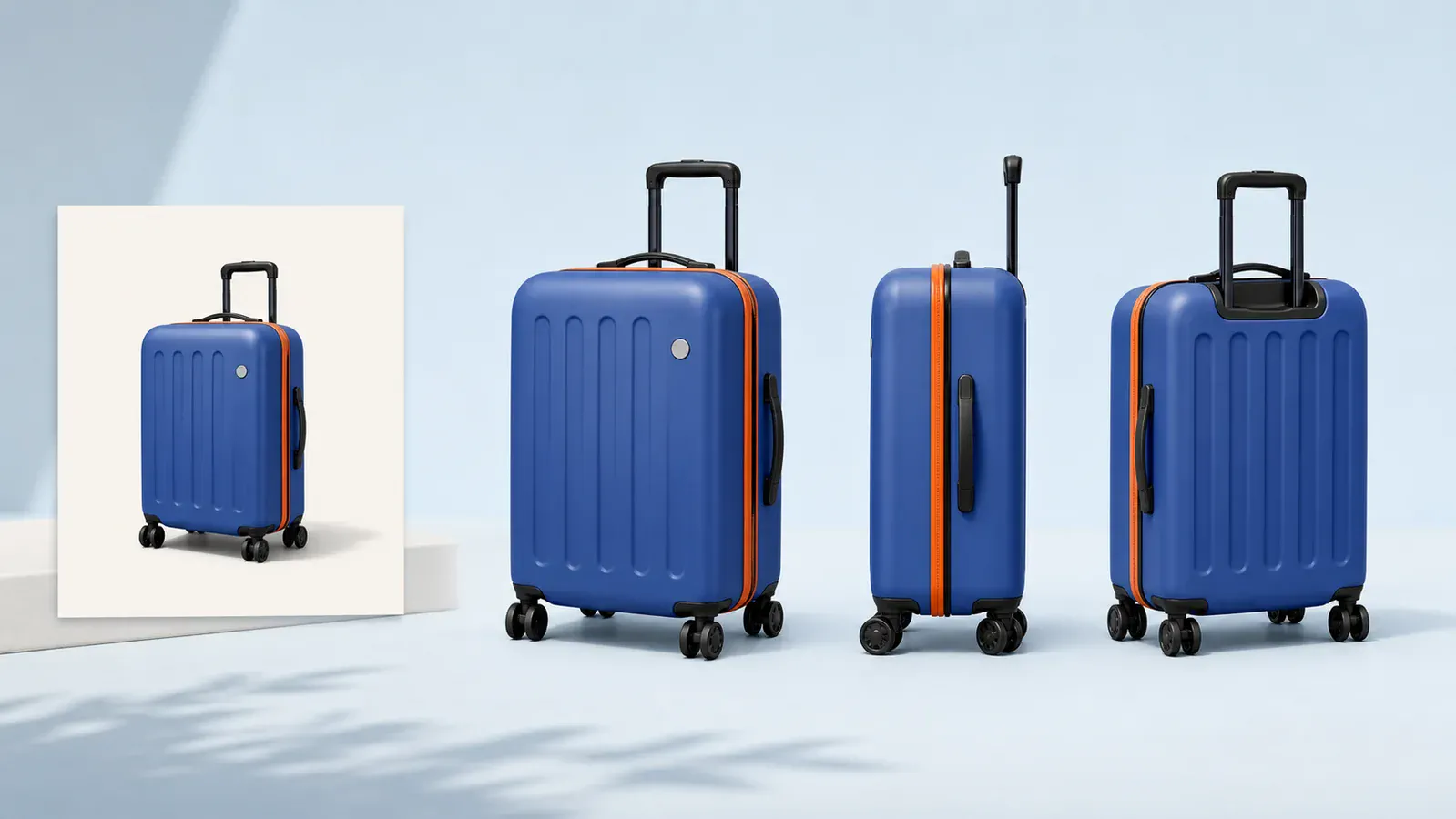 One cobalt blue suitcase source photo beside three coordinated ecommerce product angles of the same suitcase.